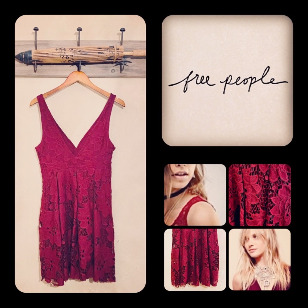 🪶New! FREE PEOPLE Crochet Floral Lace Crimson V-Neck/VBack Lined Tank Dress-8